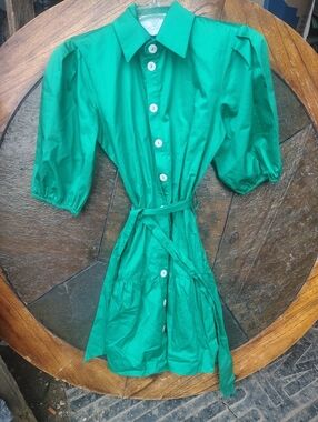 Green Button-Front Puffy Sleeve  Shirt Dress with Tie Belt